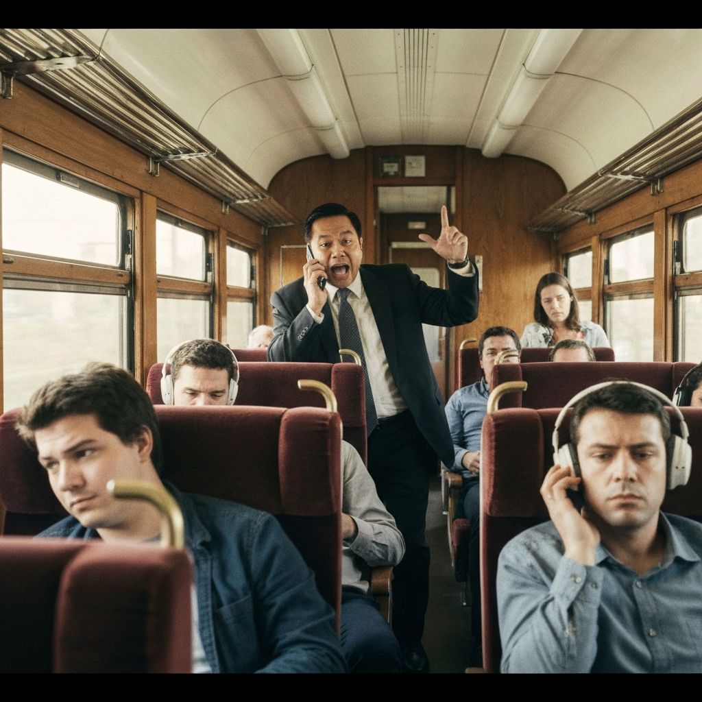 Man on Quiet Coach Discusses 'Major Business Deal' on Phone for 45 Minutes. Deal Is for Carpet Tiles.