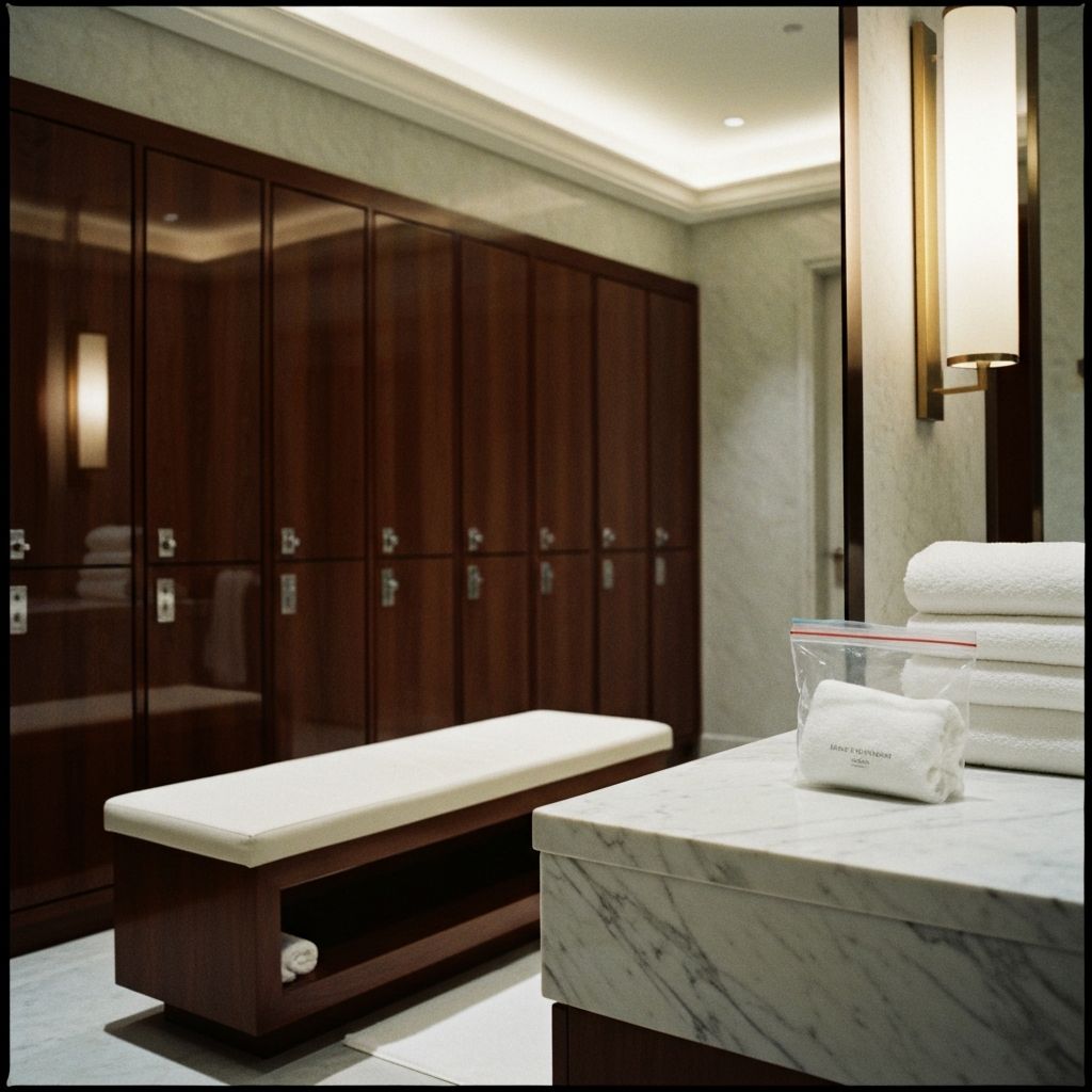 Man at The Dorchester Spa Carefully Places Toupee in Plastic Bag Before Shower. The Entire Changing Room Watches.